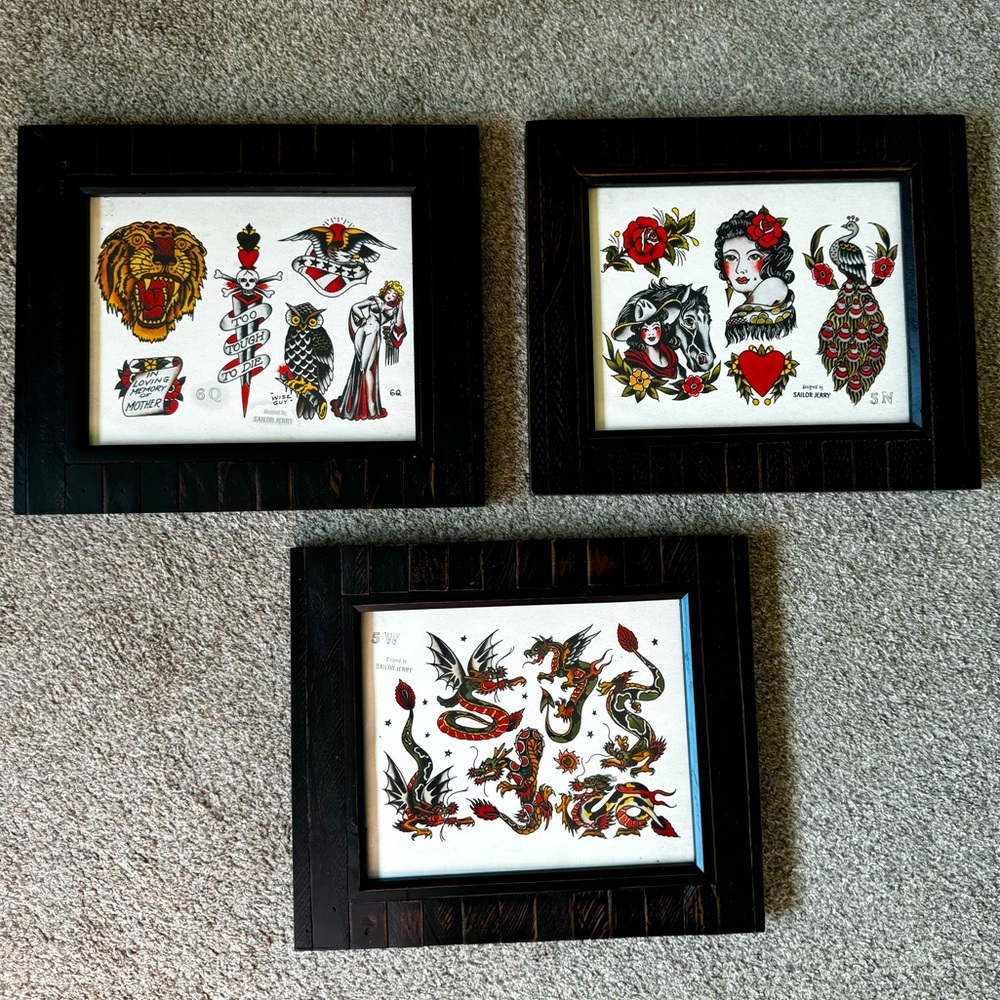 Set of 3 framed Sailor Jerry flash sheets